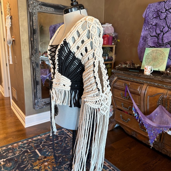 Boho Fringe Sweater - Black and Cream Handmade Original GoodVibeGoda Piece - Picture 7 of 16